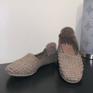 Adam Tucker Flats.  Fabric & Leather Upper.  Leather Sock.  Bronze.  Flats.  10